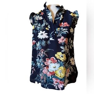 Loft Navy Floral Sleeveless Top with ruffles at neck and sleeves - Sz S